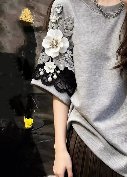 Boutique Grey Nail Bead Tops Short Sleeve