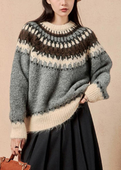 Grey O Neck Thick Patchwork Knit Sweater Winter