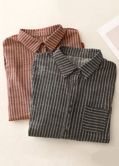 Art Red Peter Pan Collar Striped Cotton Blouses Spring