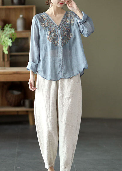 Stylish Lake Blue Embroidered Linen Blouse Tops Long Sleeve