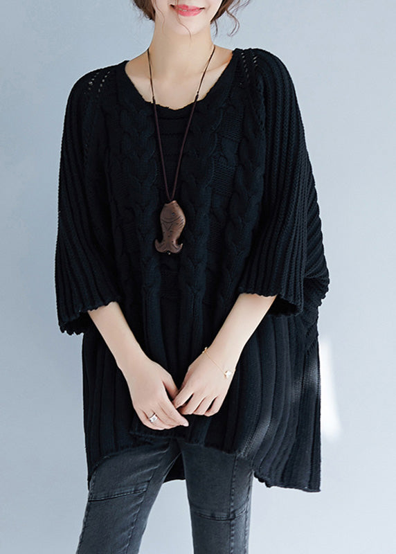 Loose Black O-neck Low High Design Cozy Cotton Knit Sweater Tops Batwing Sleeve