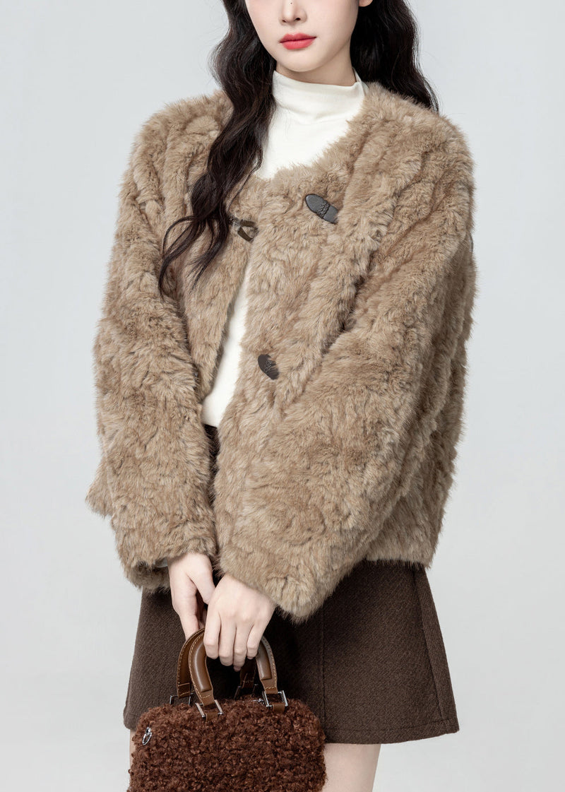 Khaki O Neck Button Teddy Faux Fur Coat Winter
