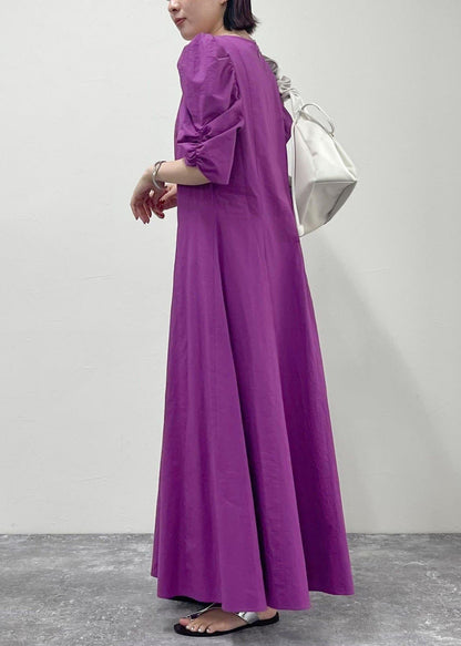 Purple Puff Sleeve Cotton Party Dress Summer