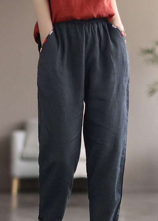Black Pockets Linen Crop Pants Summer