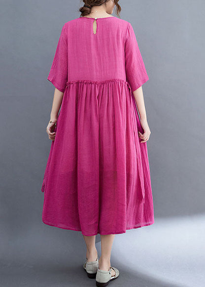 Rose O-neck Ruffled Exra Large Hem Color Linen Holiday Dress Half Sleeve