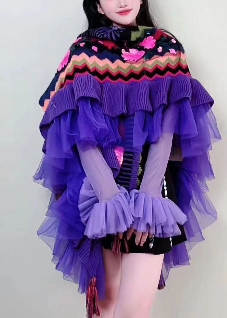 Purple V Neck Tulle Patchwork Embroideried Knit Cape Long Sleeve