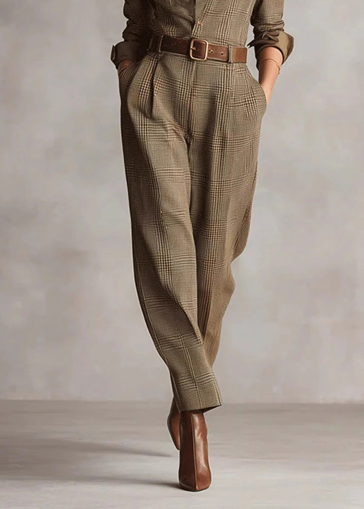 Modern Khaki Peter Pan Collar Plaid Cotton Jumpsuit Fall