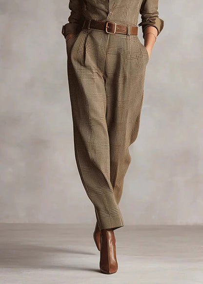 Modern Khaki Peter Pan Collar Plaid Cotton Jumpsuit Fall