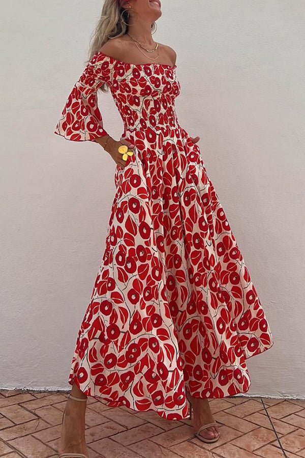 Close to the Vacation Print Smocked Off Shoulder Pocketed Maxi Dress