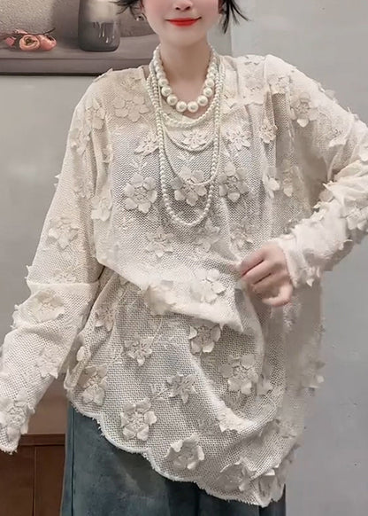 French Apricot O-neck Decorated Top Fall