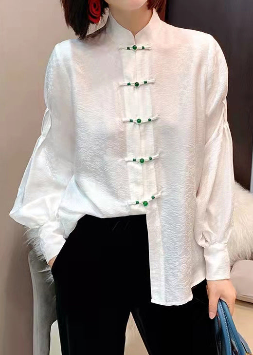 Chinese Style White Stand Collar Button Jacquard Silk Blouse Tops Lantern Sleeve