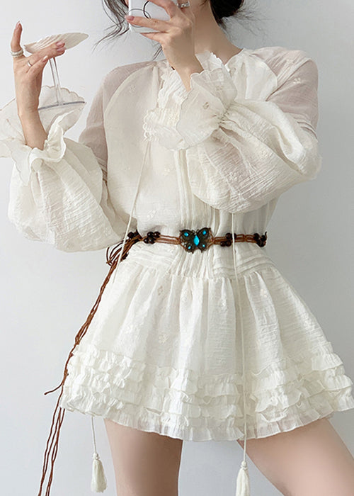 Beige Ruffled Lace Up Cotton Mini Dress Fall