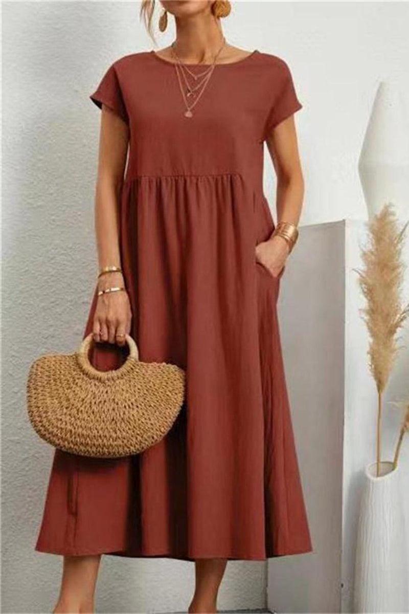 Cotton Linen Short Sleeve Midi Dress