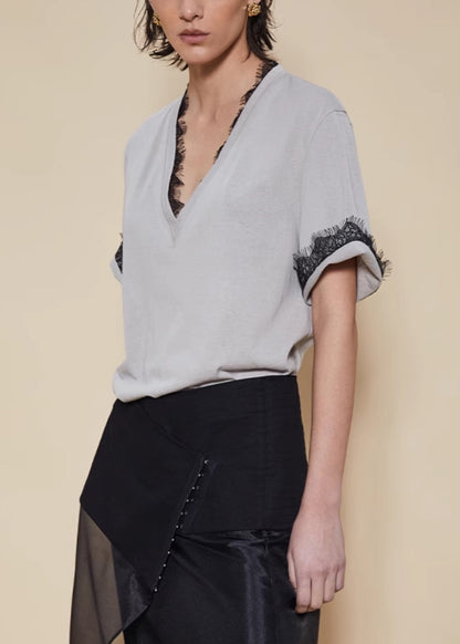Grey Lace Cotton T Shirt V Neck Short Sleeve