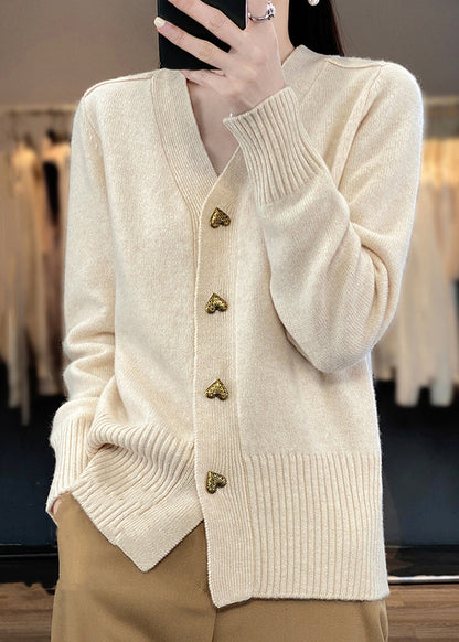 Beige Button Knit Coats V Neck Spring