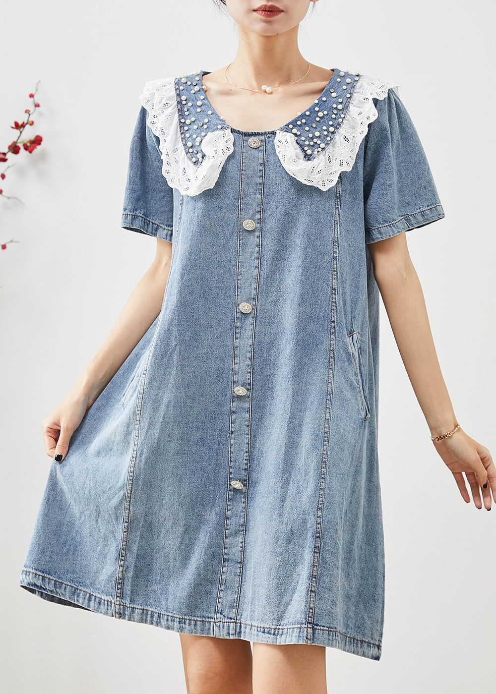 Blue Peter Pan Collar Nail Bead Denim Vacation Dress Summer