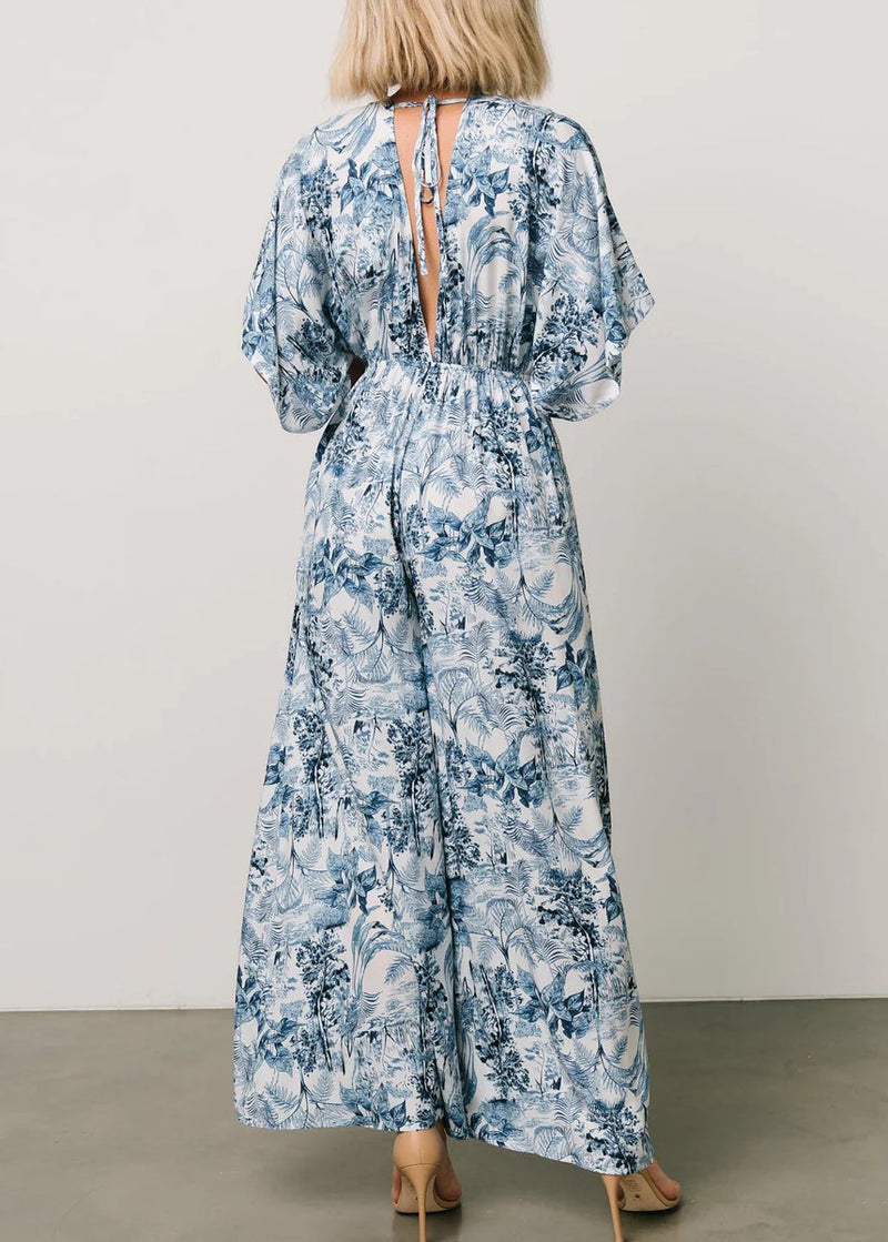 Blue Print Lace Up Pockets Cotton Jumpsuit Summer