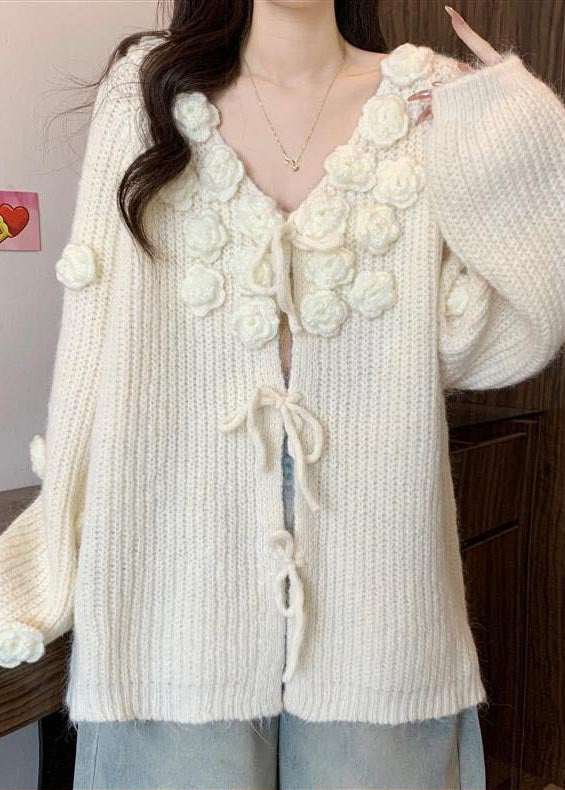 Cozy White Decorated Lace Up Knit Cardigan Fall