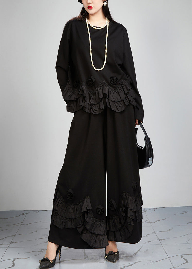 French Black Ruffled Patchwork Tops and Wide Leg Pants Cotton Two Pieces Set Fall