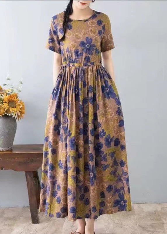 Retro Coffee O-neck Print Patchwork Pockets Long Dresses Short Sleeve