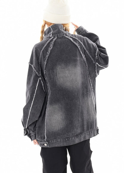 Grey Oversized Stand Collar Embroidered Denim Pullover Coats Spring