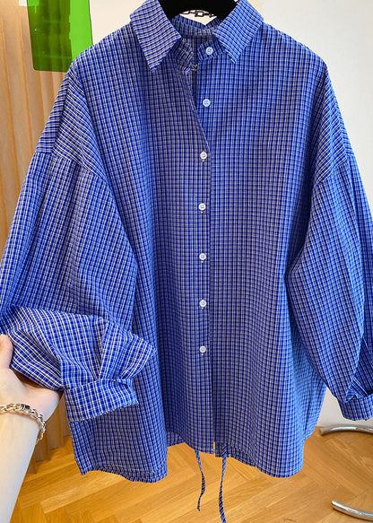 Blue Peter Pan Collar Plaid Cotton Shirts Top Fall