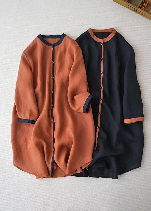Caramel Stand Collar Button Linen Shirt Tops Bracelet Sleeve