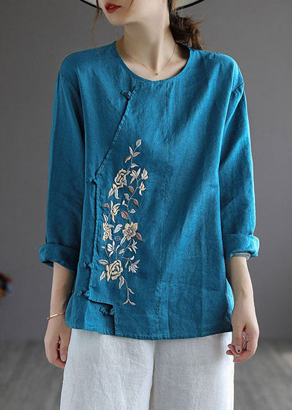 Blue Loose Linen Shirt Tops Embroidered Long Sleeve