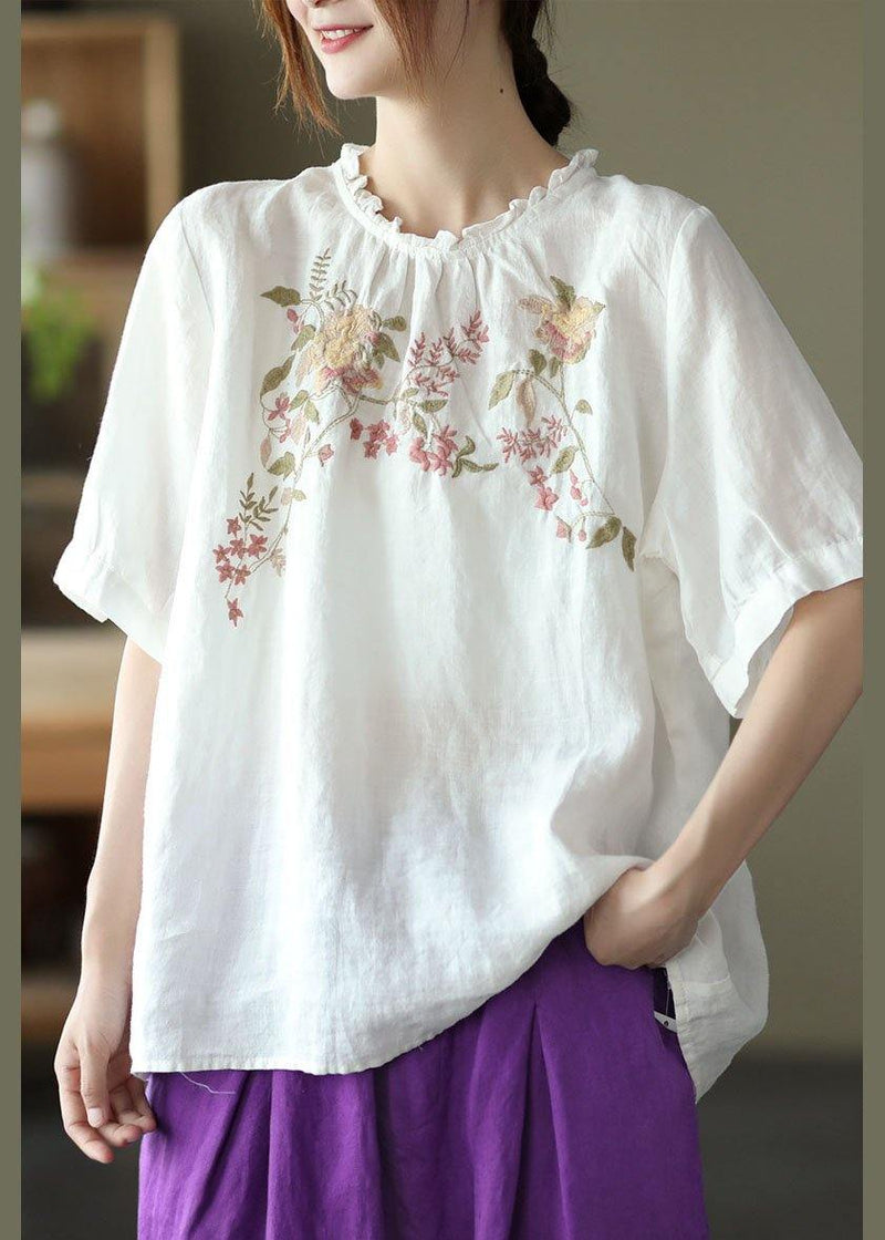 Navy Ruffled Embroidered Summer Linen Shirt