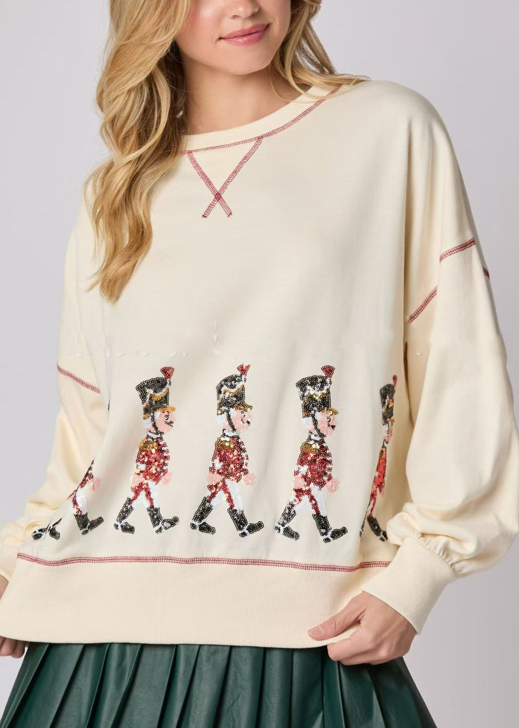 Apricot O Neck Sequins Cotton Loose Sweatshirts Top Winter