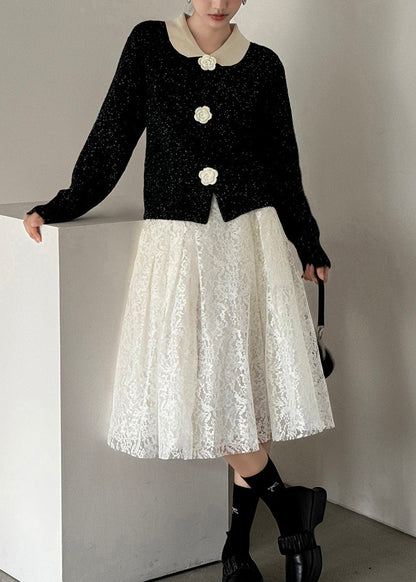 French Black Peter Pan Collar Button Knit Cardigan Fall