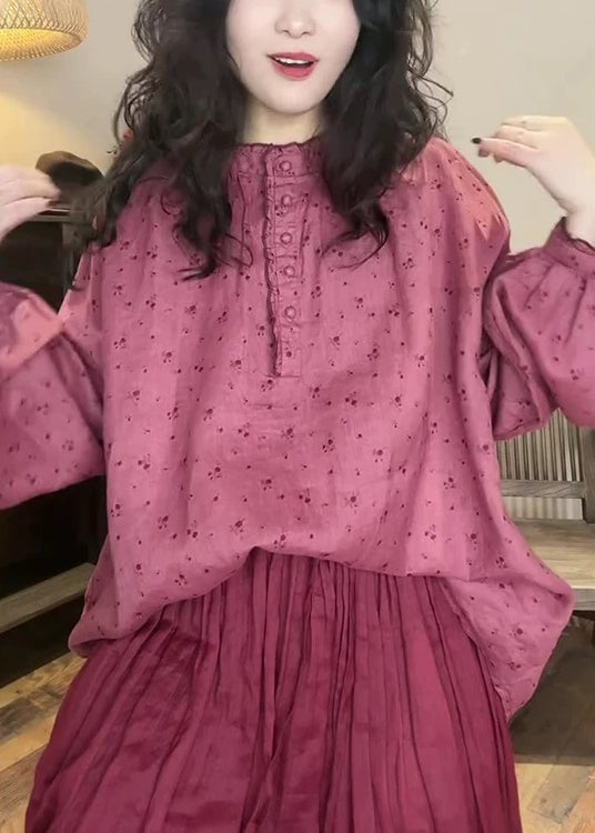 Pink Button Print Cotton Blouse Top Spring