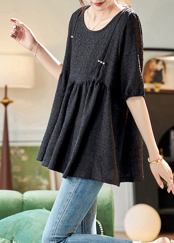 Simple Black O-neck Patchwork Chiffon T Shirts Summer