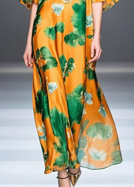 Orange Print Draping Silk Beach Dress Summer