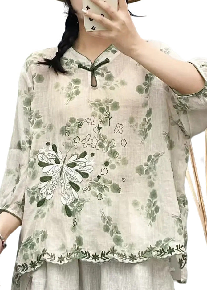 Beige Stand Collar Embroidered Linen Shirt Top Summer