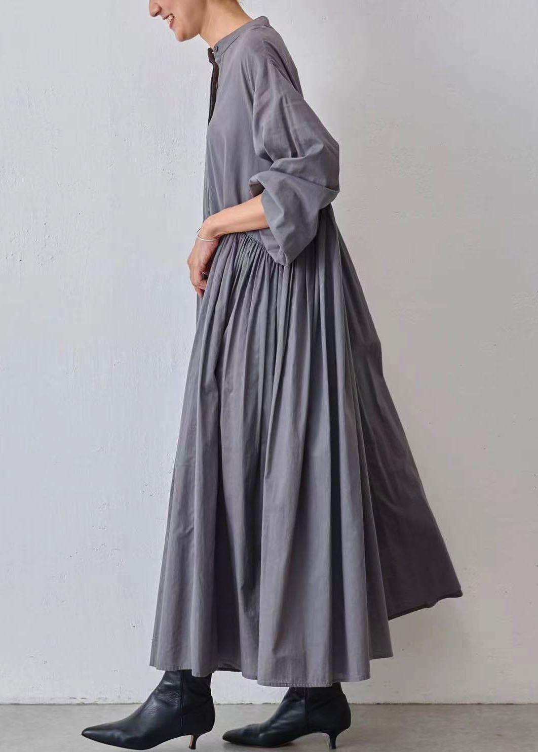 Grey Wrinkled Patchwork Cotton Dresses Lantern Sleeve