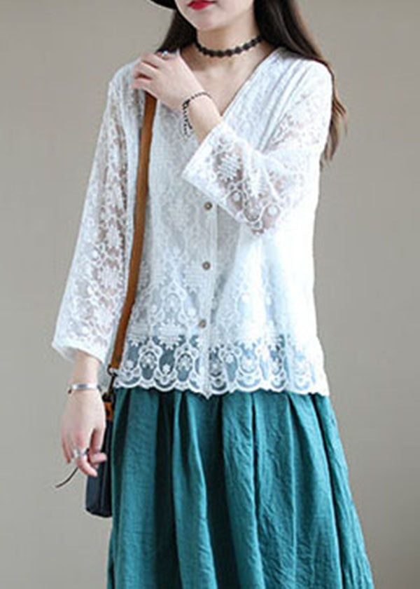 White V Neck Cotton Upf 50+ Cardigans Long Sleeve