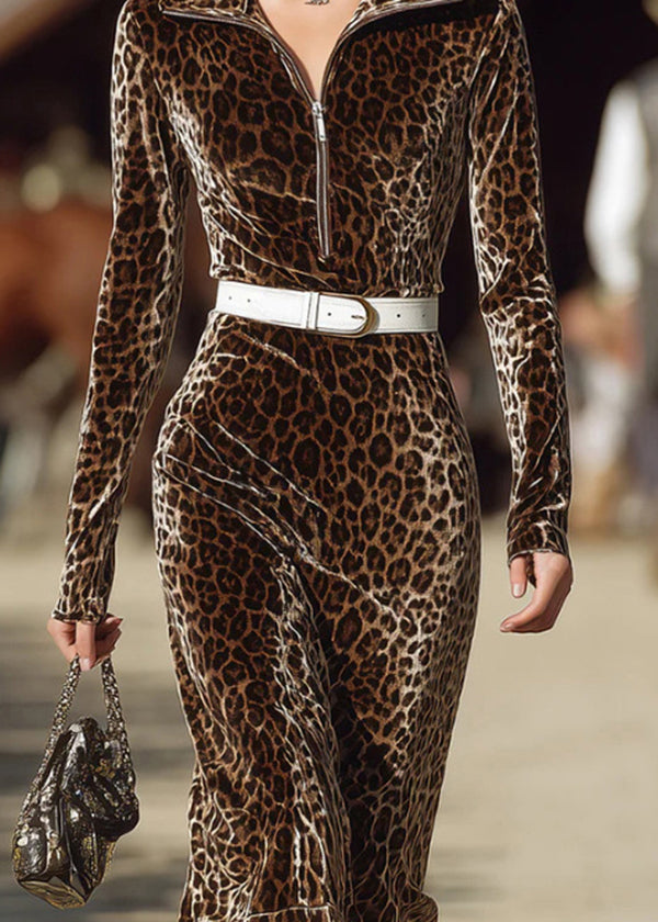 Zipper V-neck Leopard Pattern Slimming Long Dress Fall