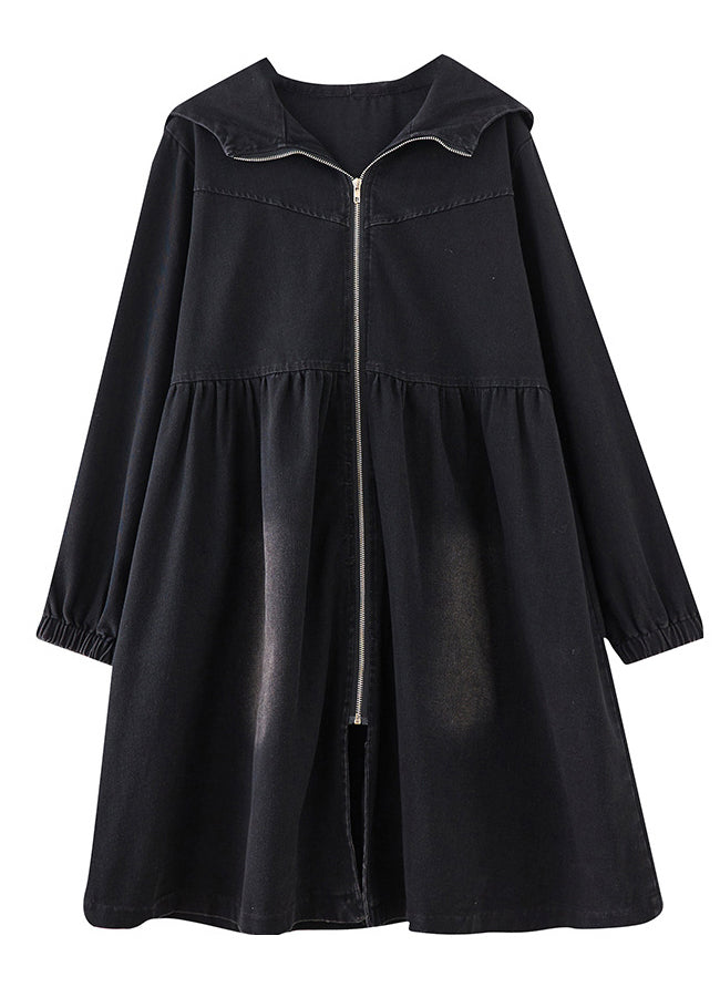 Black Peter Pan Collar Zippered Denim Long Trench Coats Fall