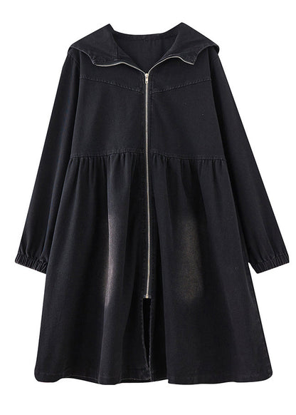 Black Peter Pan Collar Zippered Denim Long Trench Coats Fall