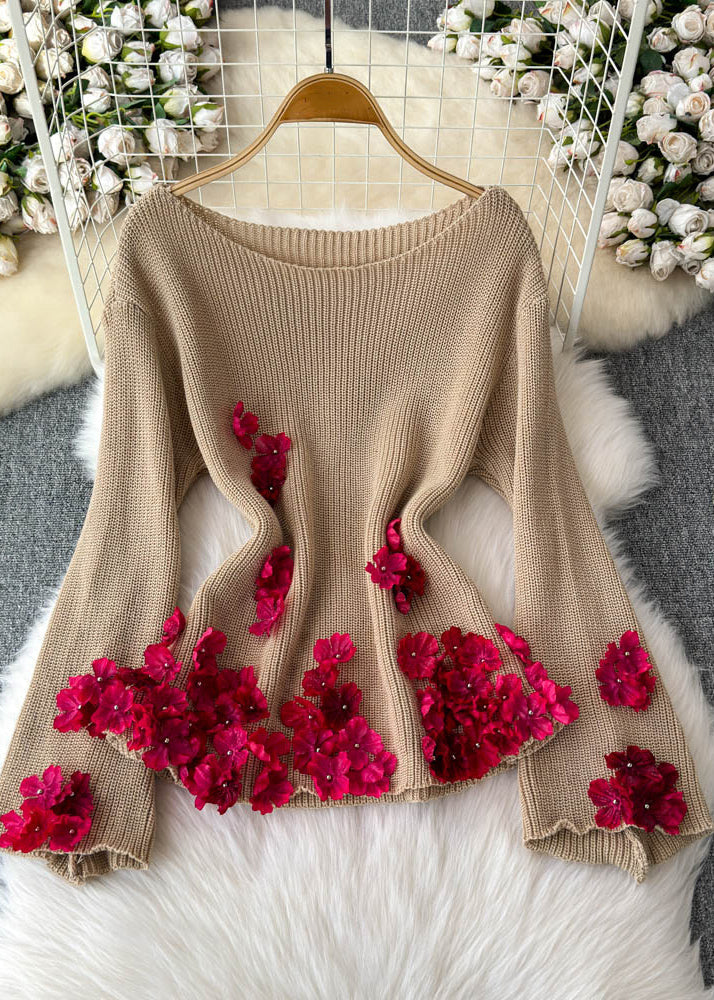 Stylish Khaki Slash Neck Cotton Knit Sweaters Winter