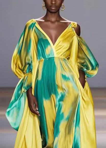 Yellow Asymmetrical Tie Dye One Shoulder Party Dress Fall