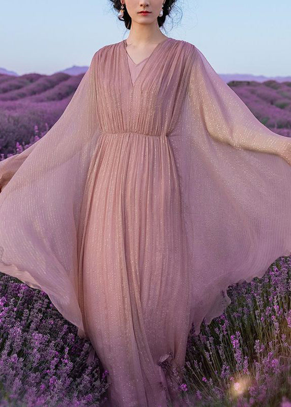 Pink Wrinkled Silk Long Dress Batwing Sleeve