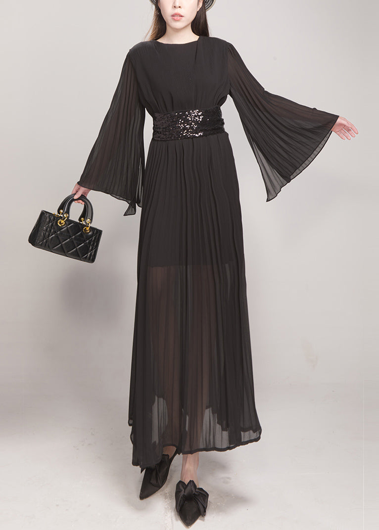 Rose Wrinkled Tie Waist Chiffon Maxi Dresses Flare Sleeve