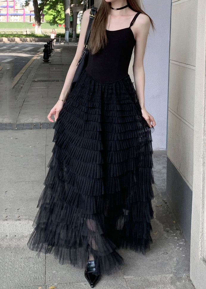 New Black Wrinkled Tulle Spaghetti Strap Dress Sleeveless