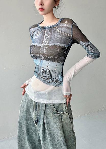 Original O-neck Print Slim Fit Tulle T Shirts Fall