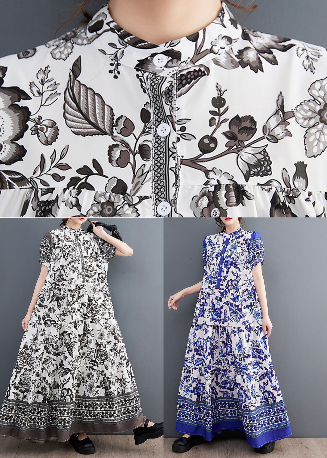 Blue Print Stand Collar Chiffon Long Dress Lantern Sleeve