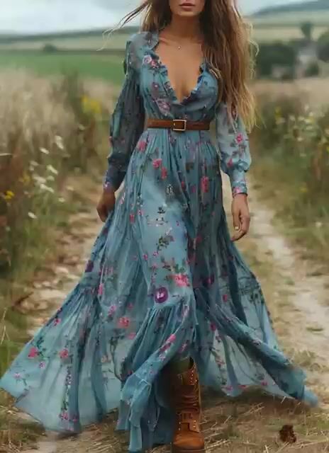 Blue Ruffled Print Patchwork Cotton Long Dress Fall