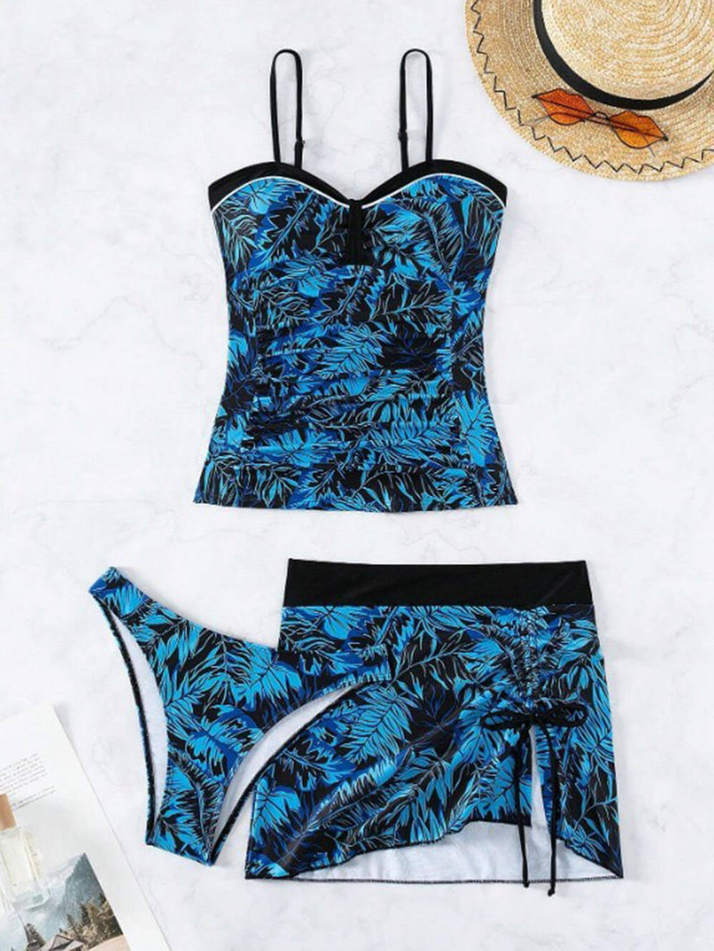 Coconut Leaf Print Skirt Tankini Three-piece Set