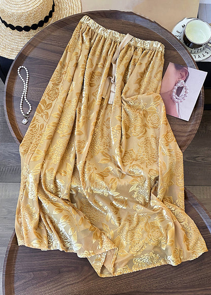 Yellow Print Drawstring Cotton Skirts Fall